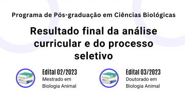 Programa de Pós-graduação em Ciências Biológicas. Resultado final da análise curricular e do processo seletivo.  Edital 02/2023. Mestrado em Biologia Animal.  Edital 03/2023.  Doutorado em Biologia Animal